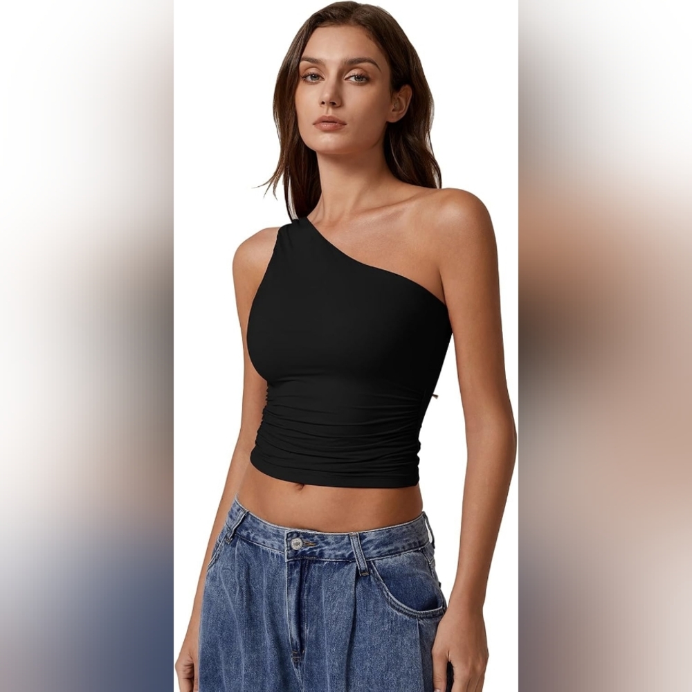 Nwt Qinsen Black One-Shoulder Slim Fit Crop Top Scrunch Sides Large - Picture 3 of 10